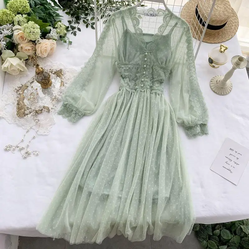 

Korea Fashion 2025 New Summer Women Mesh Lace Dresses V-neck Elegant Prom Puff Sleeves Women Dot Prom Party Sexy Slim Long Dress