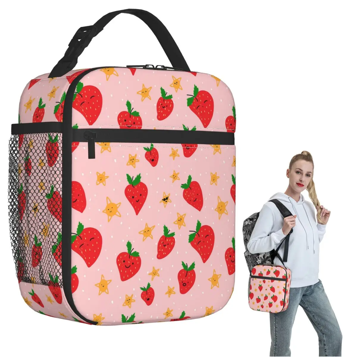 Strawberry And Star Pattern Insulated Lunch Bag for Women Kids Portable Food Boxes Thermal Lunch Box Tote