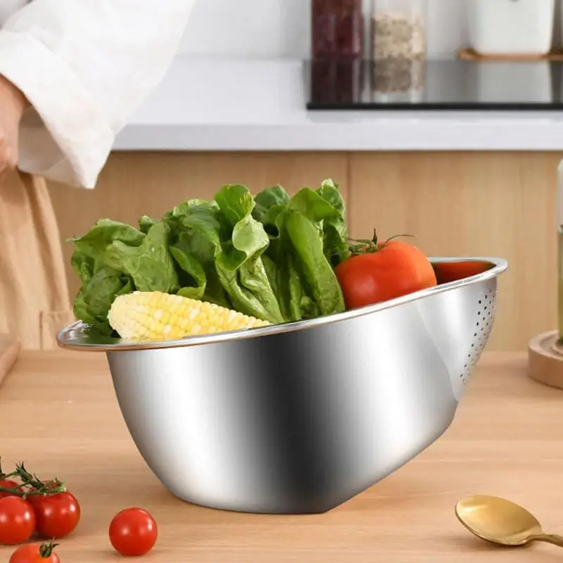 Rice Washer Strainer Bowl Stainless Steel Rice Washing Bowl Inclined Bottom Design High Capacity Strainer For Fruit Rice Vege