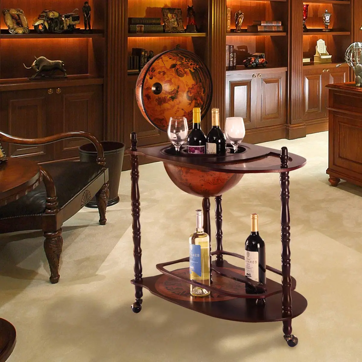 قضيب جلوب، حامل نبيذ خشبي مقاس 34.5 بوصة مع عجلات، رف سفلي وخريطة العالم القديم، مقصورة كحولية إيطالية طبق الأصل من القرن 16 عامًا #4