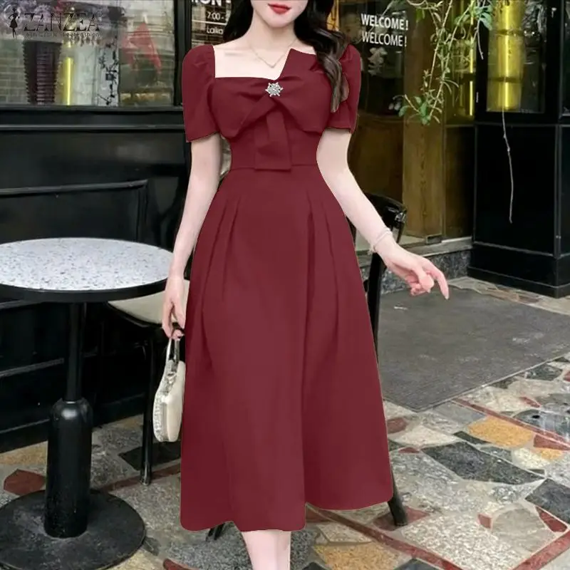 ZANZEA Damen-Sommerkleid, elegant, kurzärmelig, einfarbig, mit Schleifen, Arbeitskleid, quadratischer Ausschnitt, tailliertes Partykleid, A-Linie, plissiert, Vestidos