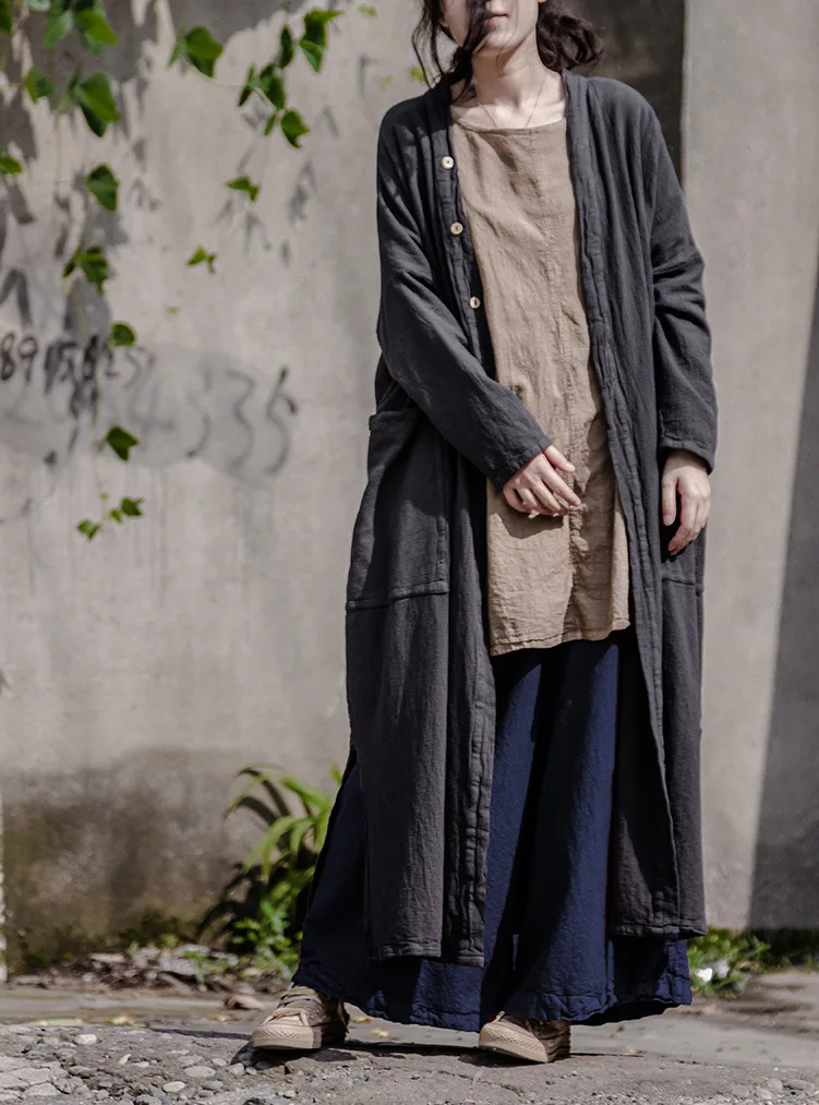 Retro Artistic Loose Cotton Linen Autumn Winter New Chinese Style Women's Outerwear Versatile Open Cardigan Zen Mind Simple C...
