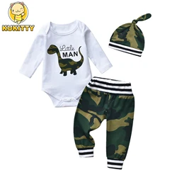 3pcs Newborn Infant Baby Boy Fashion Clothes Set Dinosaur Printed Romper Bodysuit Top + Pants + Cap Outfit for Boys