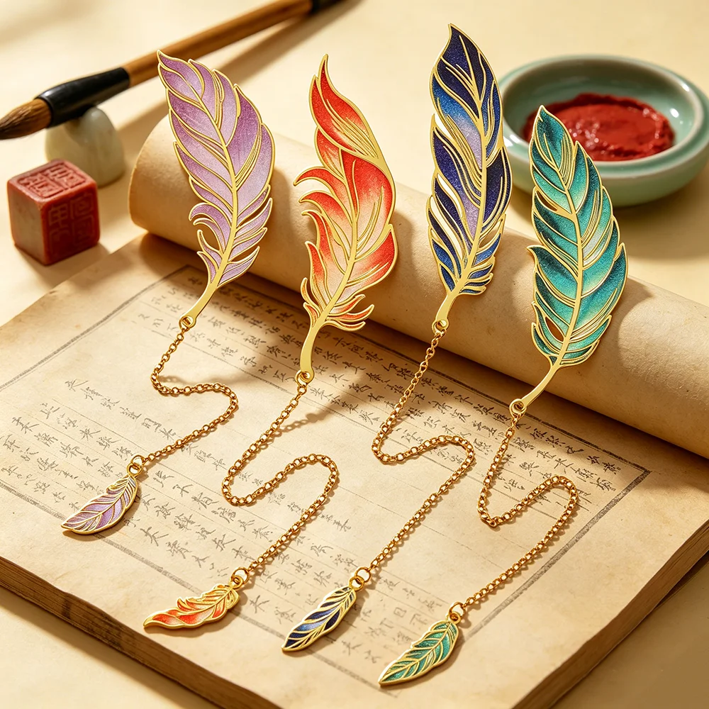 Aesthetic Iron Enamel Bookmark Hollow Feather Clover Page Marker with Chain Card Packaging for Book Lovers