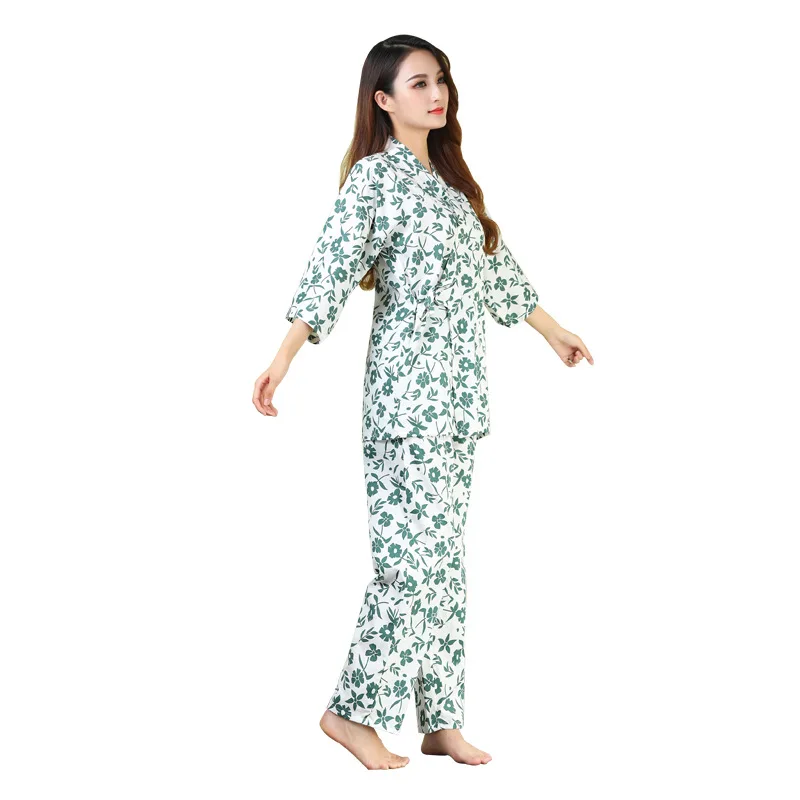 Cotton Double-layer Gauze Kimono Pajamas for Women V-Neck Three Quarter Long Pants Pajama Set Thin Two Piece Summer Sleepwear