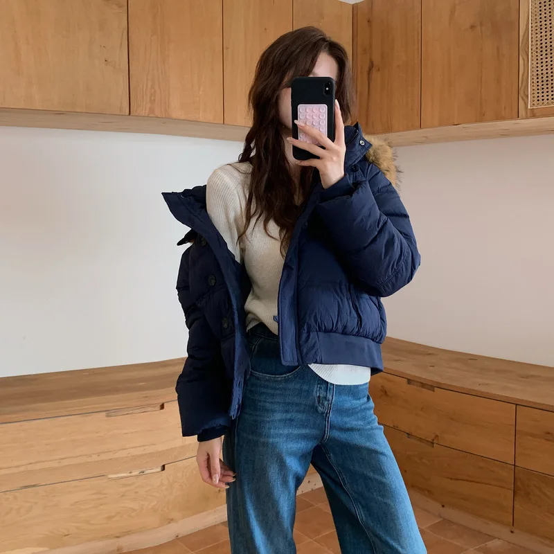 

Women Parkas Coat Short Solid Jacket Big Fur Collar Hooded Zipper Pocket Long Sleeves Thick Loose Office Lady Casual 2025 Winter