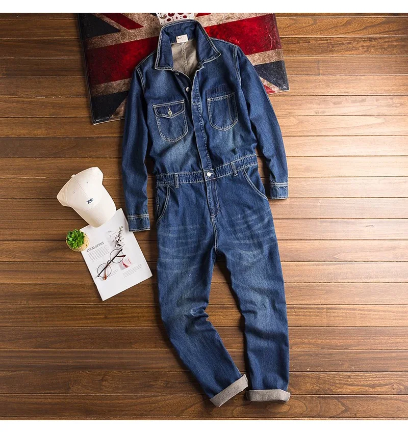 Herren Denim-Jumpsuits mit losen Taschen, langen Ärmeln, Overalls mit Reverskragen, Cargo-Jeans, Arbeitskleidung – Detail 3