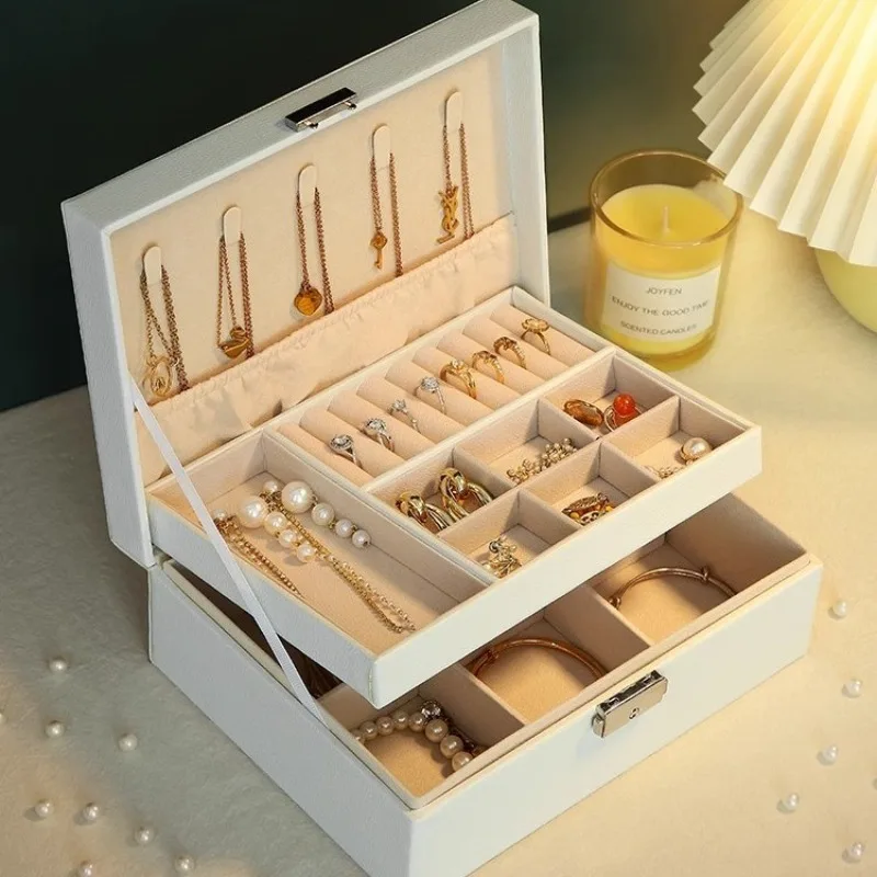 PU Leather Jewelry Box Double-layer Jewellery Box with Lock Dustproof Jewelry Boxes Portable Necklace Bracelet Display Case