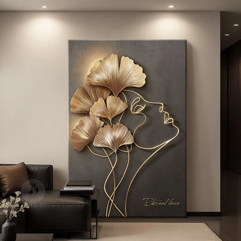 High-end Living Room Decoration Painting Relief 3D Sofa Background Wall Mural Ginkgo Leaf Foyer Hanging Painting Home Decor Gift