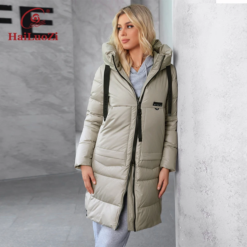 

HaiLuoZi 2024 new women's winter down jacket slash pockets with belt lightweight warm parka hooded quilted women's jacket 86