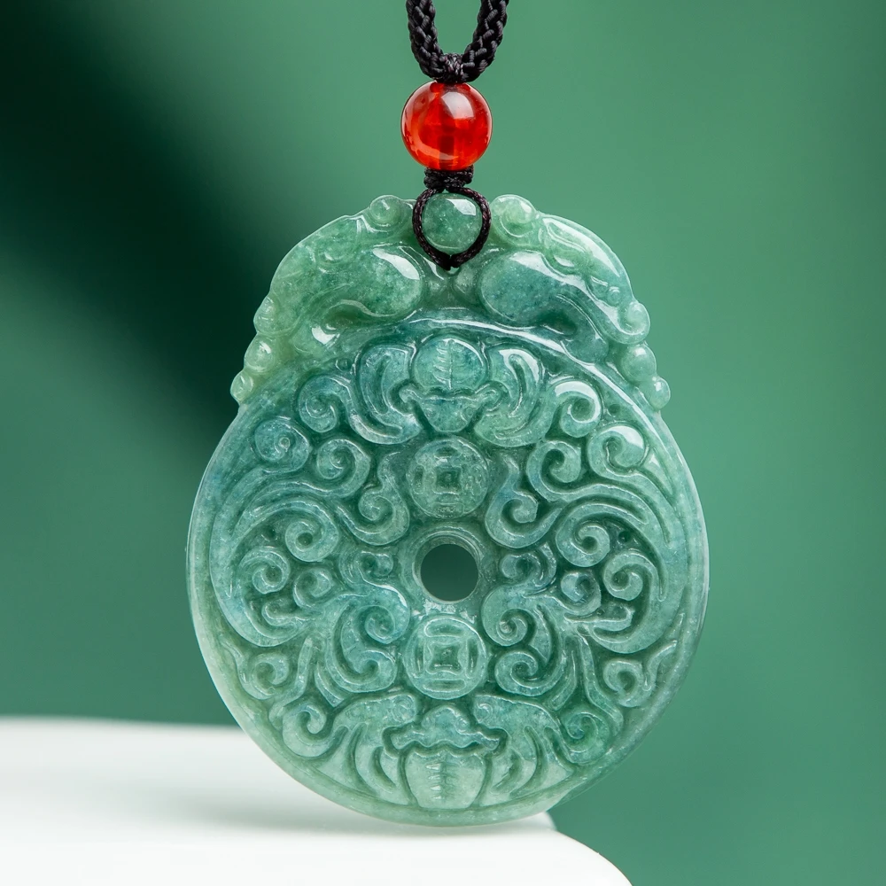 

TIMESWIND Natural A-type Jade Green Double Dragon Peace Ancient-style Carved Pendant Men Necklace with Certificate