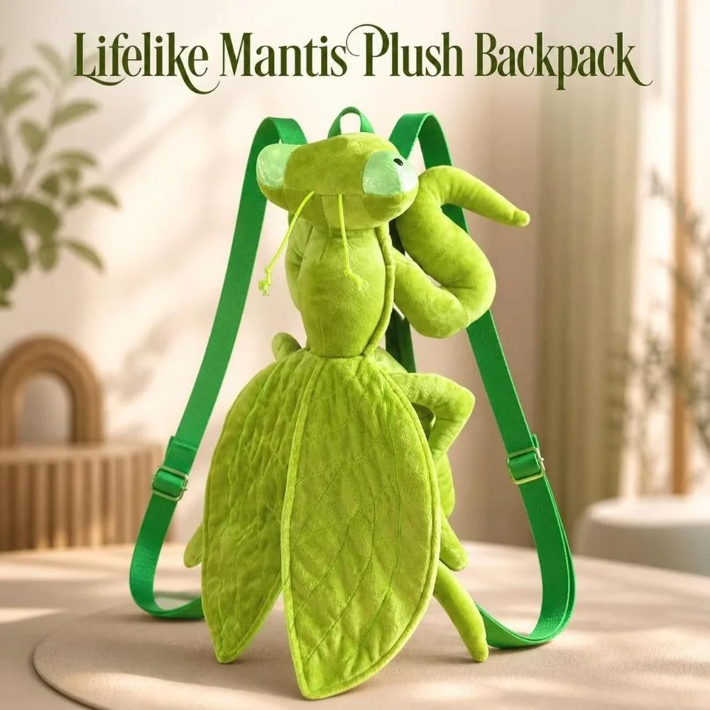 Cute Green Mantis Backpack Adjustable Lifelike Insect Stuffed Backpack Cartoon Soft Animal Rucksack Gift