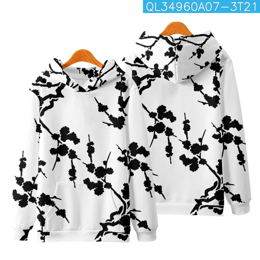 

Couple Autumn Casual Black Floral Printed White Long Sleeve Pullover Hoodies Men Women Sweatshirt Harajuku Streetwear