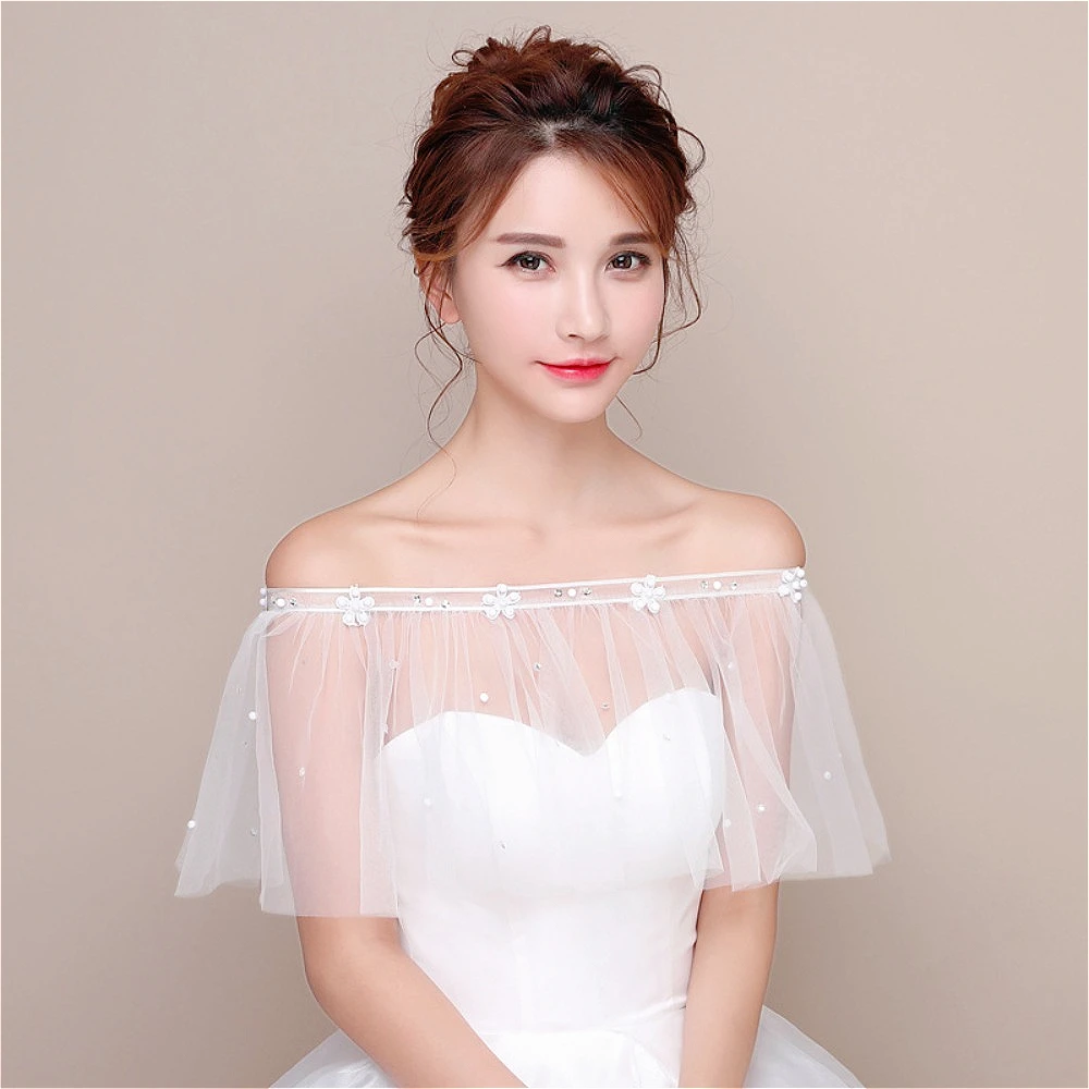 

One-Shoulder Flower Beaded Bridal Shawl Wedding Bolero Wedding Clothes Capes Covered for Party Dress Wedding Accessories White
