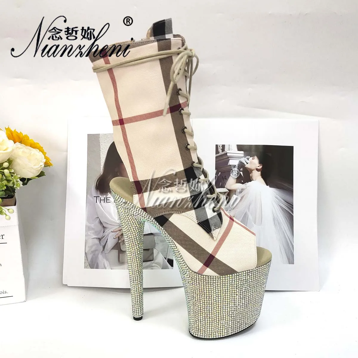

8Inch New Style Gingham Rhinestone Platform Ankle Boots 20CM Women's Peep Toe Thin Heels Sexy Models Catwalk Exotic Pole Dance