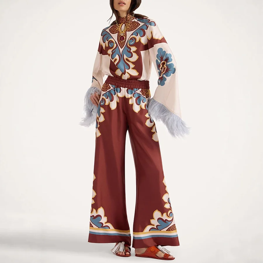 

Новые весенние винтажные комплекты брюк с принтом, женские модные лоскутные футболки с кисточками и перьями, футболка с длинными рукавами, брюки, комплект из двух предметов, женский