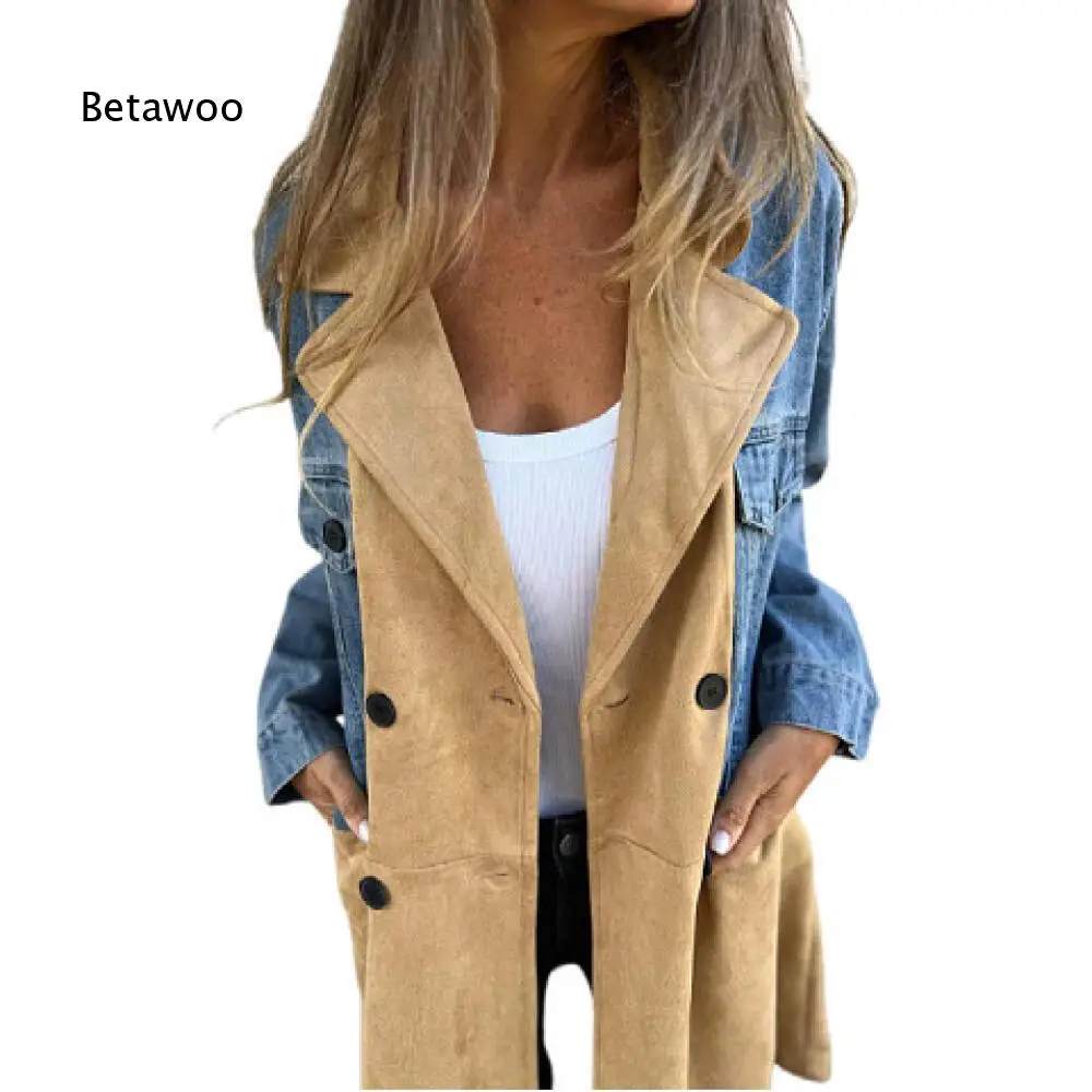 Picture 3: Loose Fit Patchwork Mid Long Coat For Women Notched Lapel Long Sleeve Outerwear For Autumn Winter Daily And Travel Wear