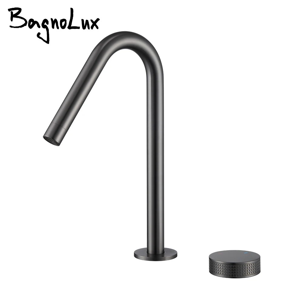 Gunmetal Basin faucet Knurled knob Hot & Cold Sink Mixer 360 Rotating Spout Wider spread Deck Mounted Basin Tap Bathroom Faucet