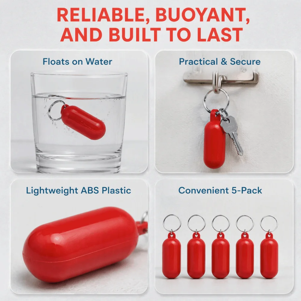 5pcs New 65x25x25mm Floating Keychain ABS Plastic Oval Buoyant Key Float Metal Key Ring Orange or Red Marine Keychain Swimming