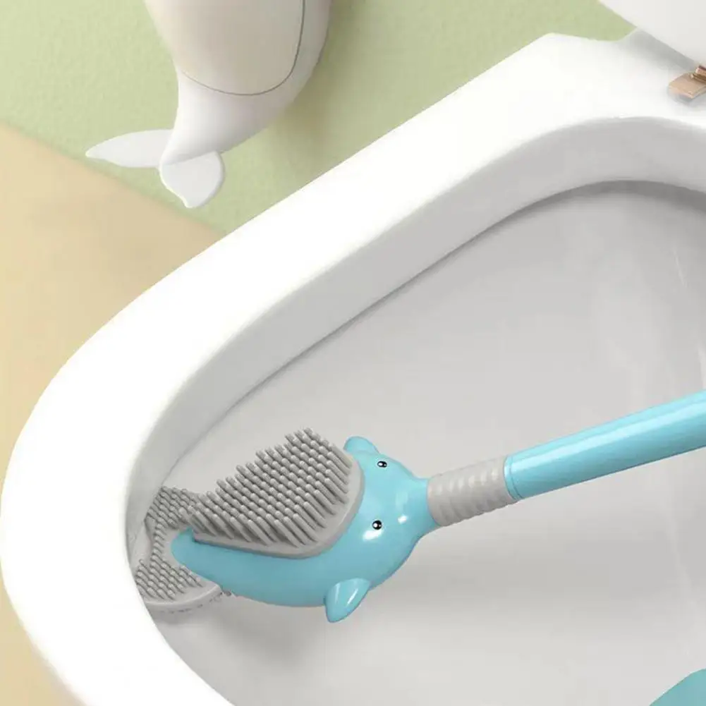 Easy to Use Toilet Brush Cute Dolphin Design Silicone Toilet Brush Set with Wall-mounted Holder Soft Scrubbers Brush Head