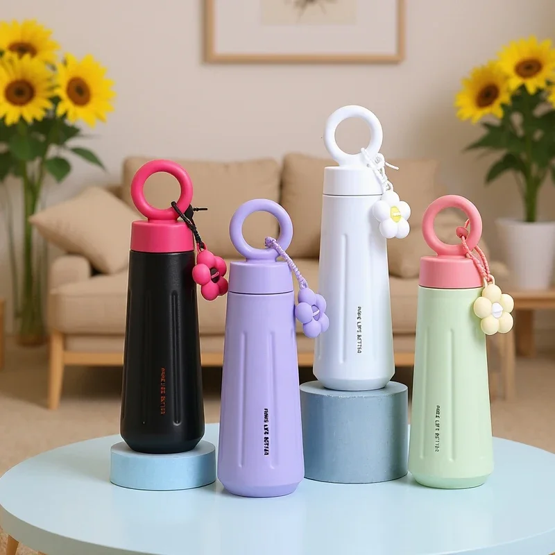 Fahion Women Girls Thermos Bottle With Sunflower Pendant 316 Stainless Steel Thermal Insulation Vaccum Sport Car Water Bottle