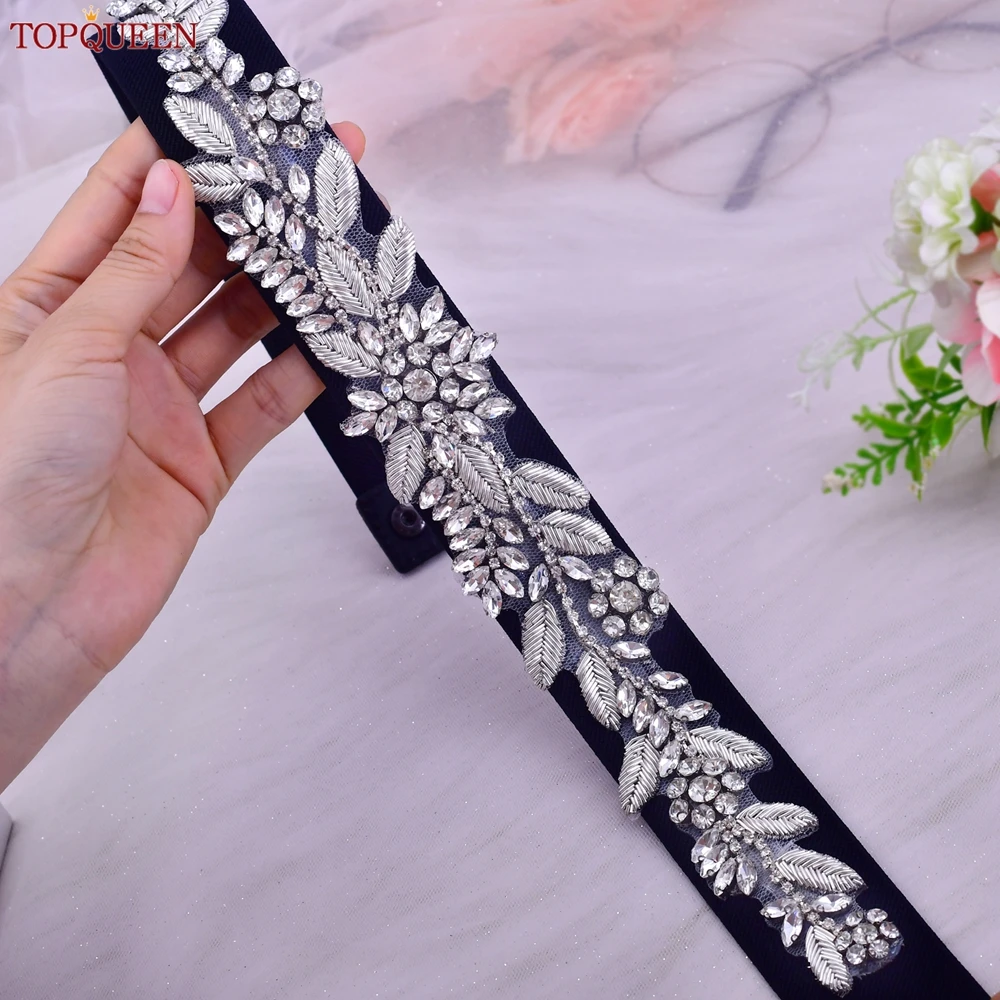 

TOPQUEEN Women Elastic Belt Silver Crystal Applique Sparkly Sash For Wedding Skirt Handmade Diamond Evening Dress Belt S373-B