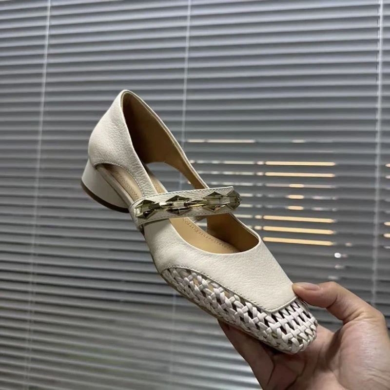 French Cutout 2025 Summer New Women's Breathable Fashion Woven Square Toe Block Heel Single Shoes Sandals