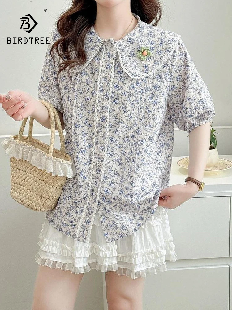 

New 2025 Summer Cotton Short Sleeve Shirt, Women Peter Pan Collar Print Lace, Mori Girl Retro Prairie Chic Loose Blouse T56921CC