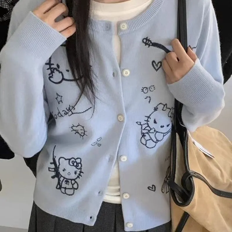 

Sanrio Hello Kitty женский кардиган с вышивкой, укороченный повседневный свитер Y2k, женская одежда, вязаный укороченный женский топ, дизайнер