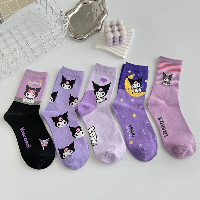 Kawaii Cute Sanrio Kuromi Cotton Socks Cartoon Women Mid-Tube Socks Purple Trend Socks Soft Breathable Sweet Girls Crew Socks