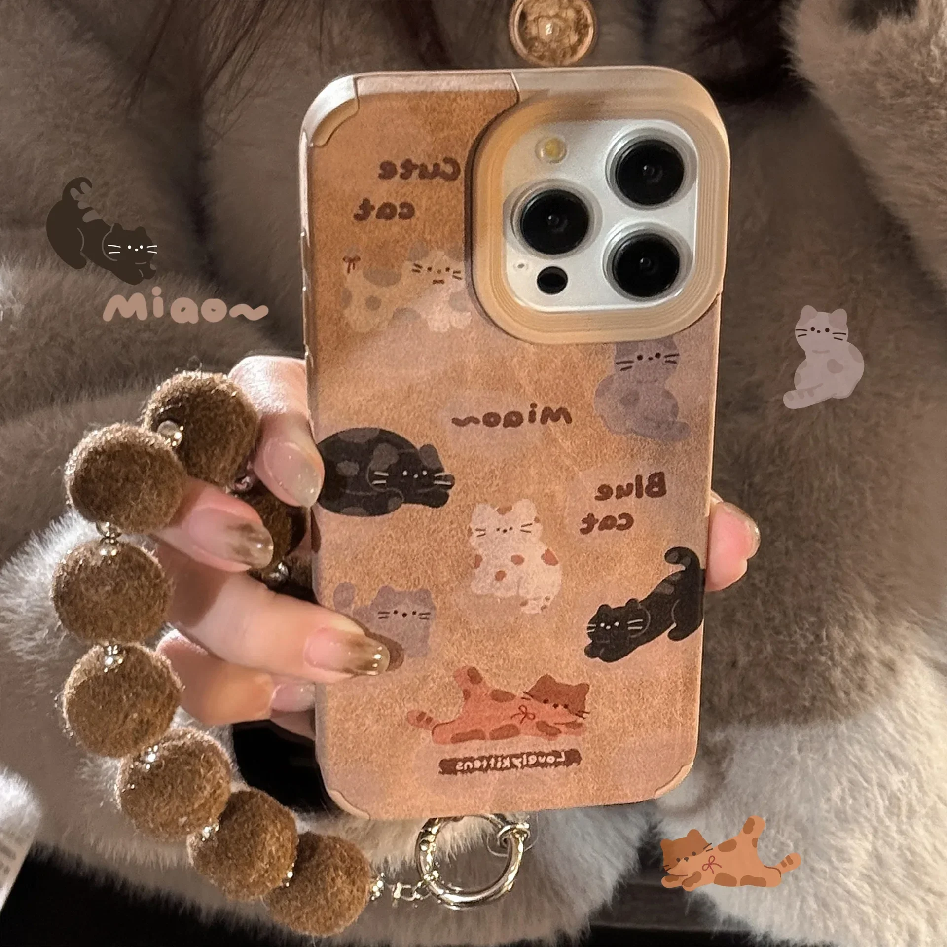 Winter tabby cat black cat naughty kitten leather Phone case For iPhone 16 15 14 13 12 11 Pro Max Case Cute Luxury Cartoon Cover