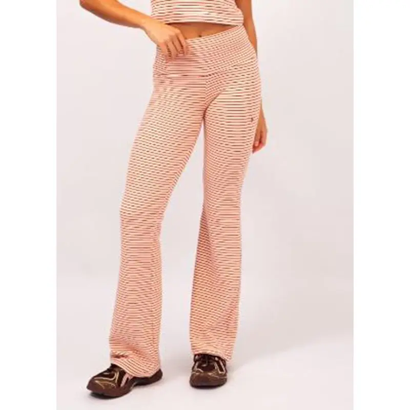 Combhasaki Women Y2K Striped Elastic High Waistband Long Pants Multicolor Casual Bottoms With Flared Cuffs Slim Fit Trousers