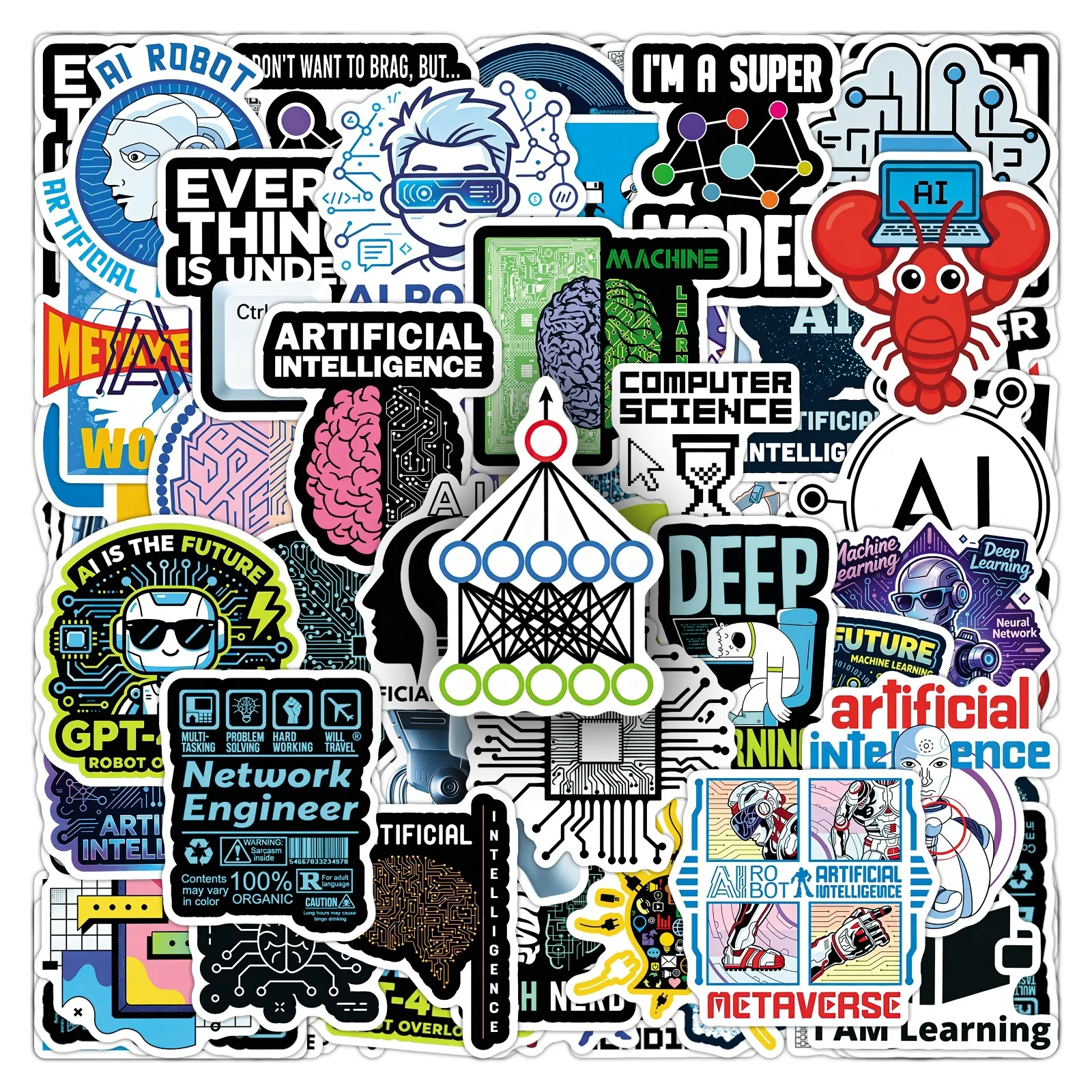 50Pcs Artificial Intelligence Stickers AI Robot Creative Technology Painted Cartoon Suitcase Journal Notebook Computer Stickers