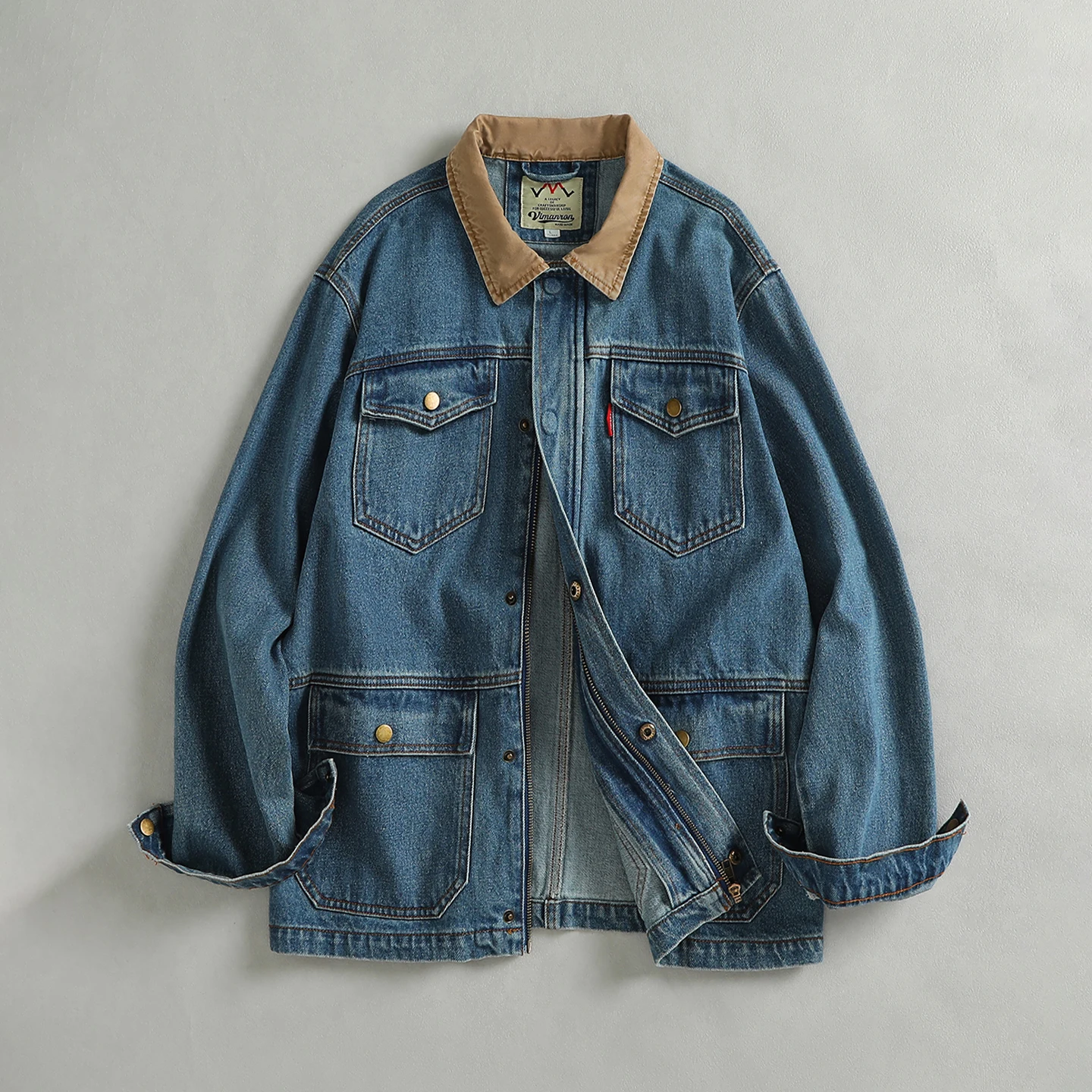 

Spliced collar design American retro trendy washed men's denim jacket multi-pocket khaki fashion jacket