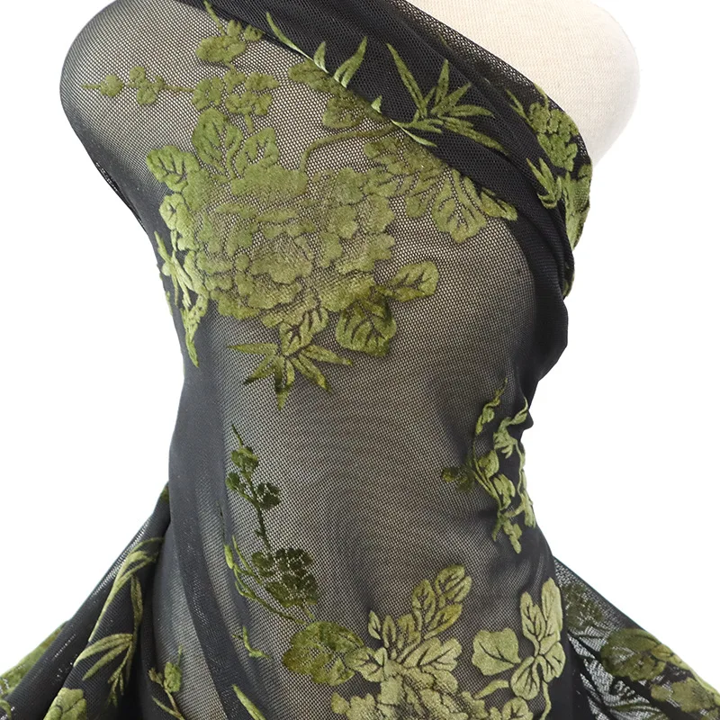 

1 ярд жаккардовой бархатной ткани с вышивкой и флокированием, сетчатая тюлевая кружевная ткань для пошива платьев и ципао