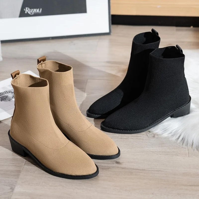 

2023 New Knit Fabric Booties Women Spring Autumn Breathable Stretchy Knit Ankle Boots High Heels Boots Slip on Ladies Shoes