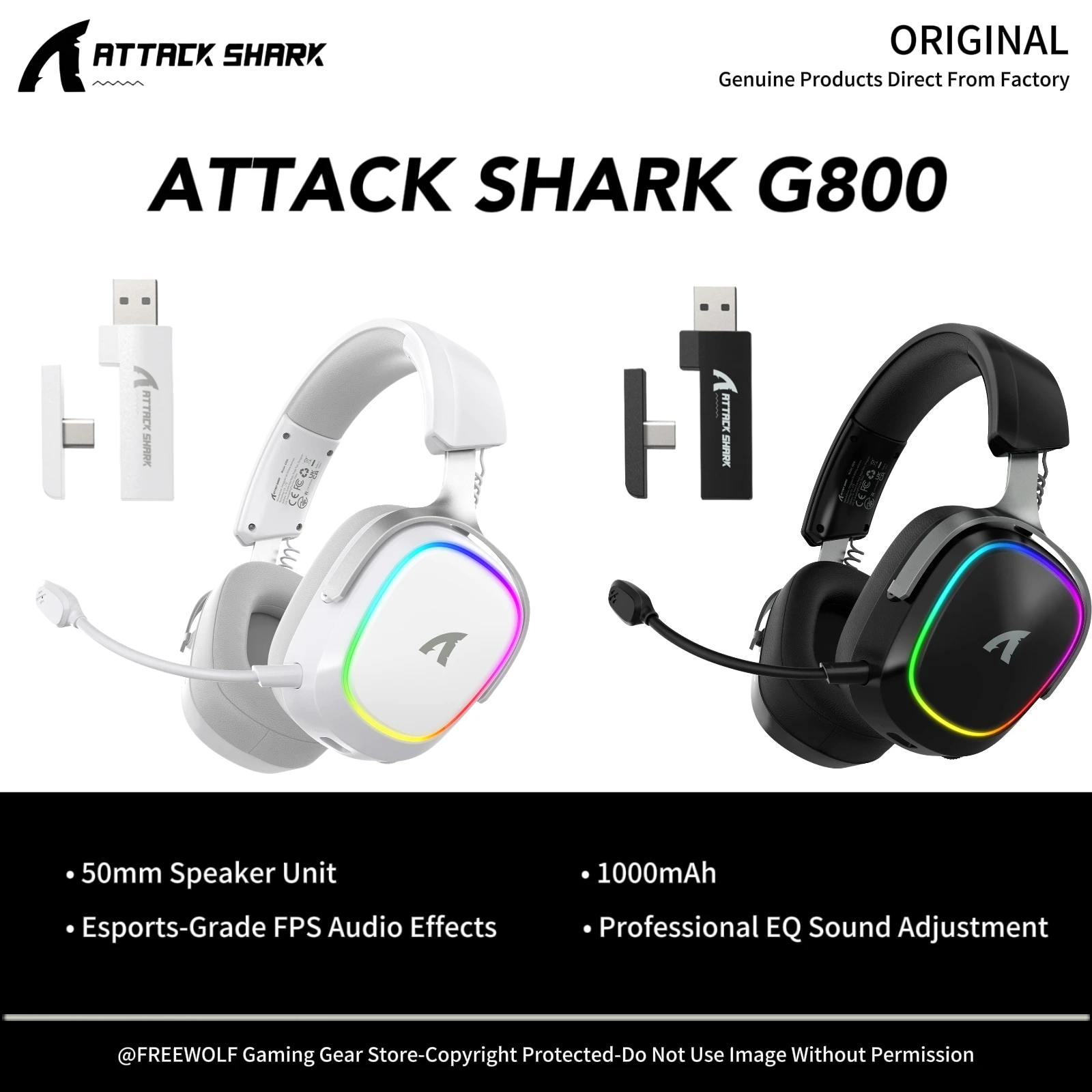 

Игровая гарнитура G800 RGB, низкая задержка 20 мс Attack Shark, 50-мм динамики, конструкция из алюминиевого сплава, съемные микрофоны, черный и белый цвета