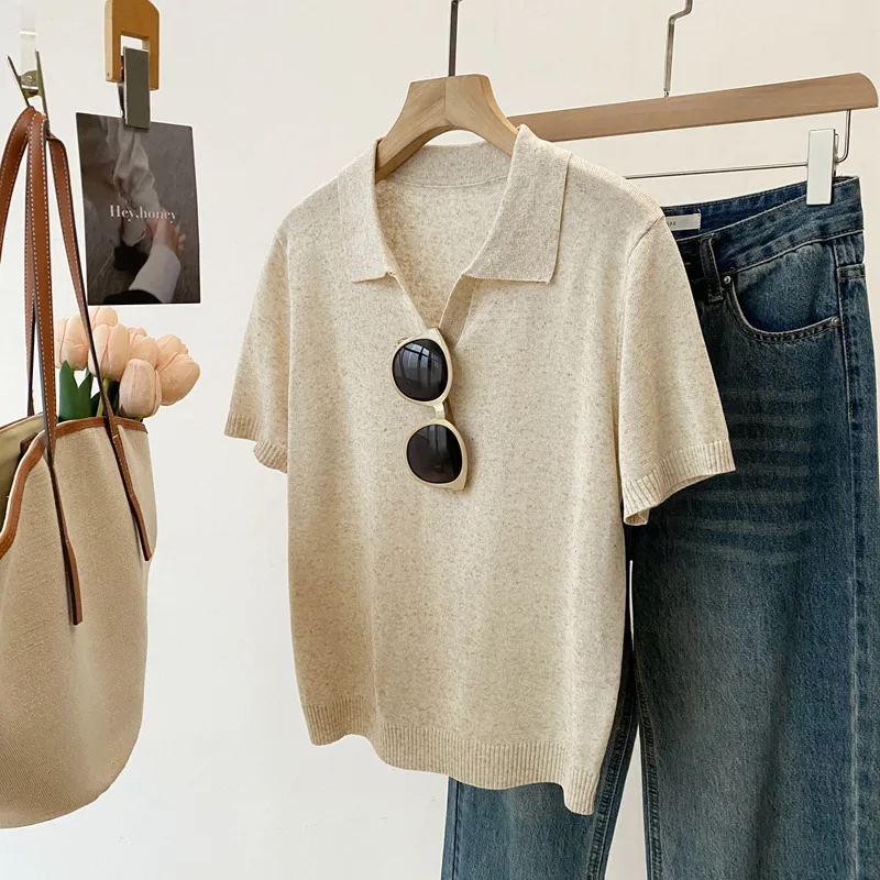

Dave&di 26 Summer New Product High Simple Style Solid Color Tian Shuang Linen High Quality Collar Short Sleeve Knitted Shirt