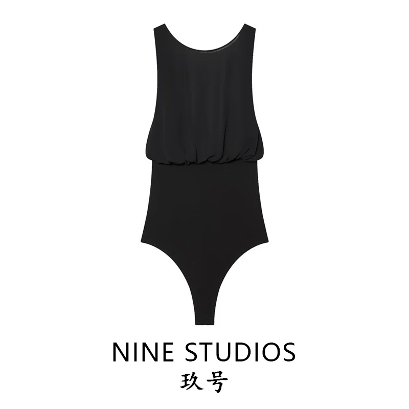 NINE ZAR Tuta da donna a vita alta con gamba dritta e nodo in georgette, design snellente, tessuto in poliestere, per pendolari