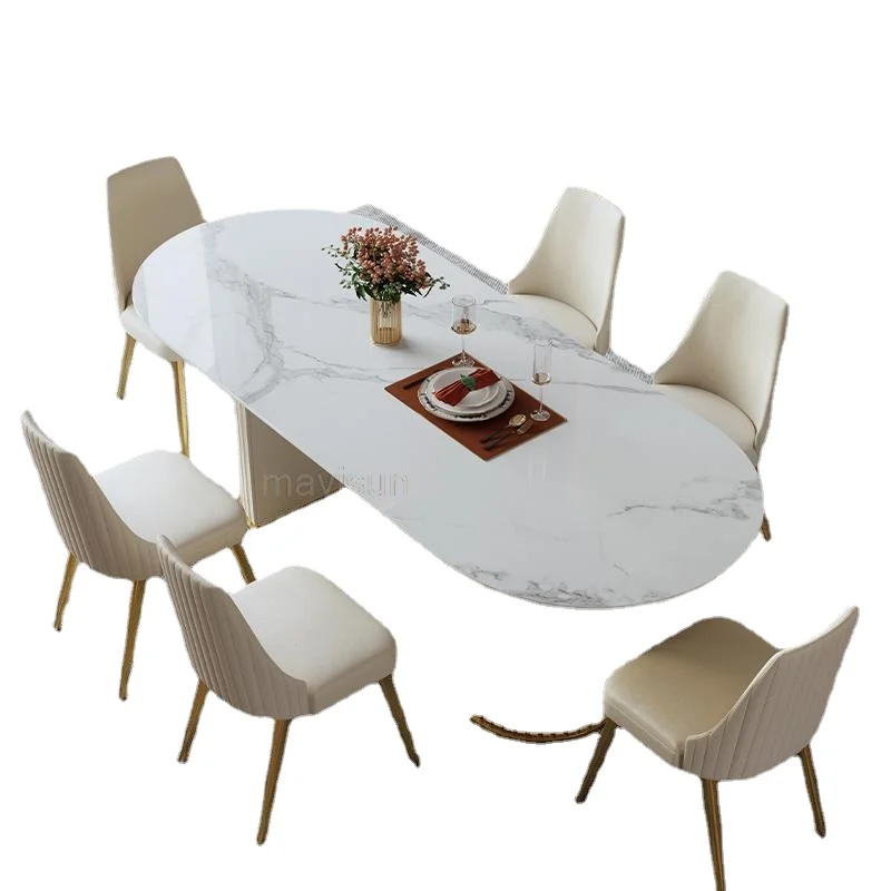 Oval Glossy Rock Board Dining Table Modern Light Luxury Dining Table And Chair For Large Villa Nordic Simple Kitchen FurnitureCD