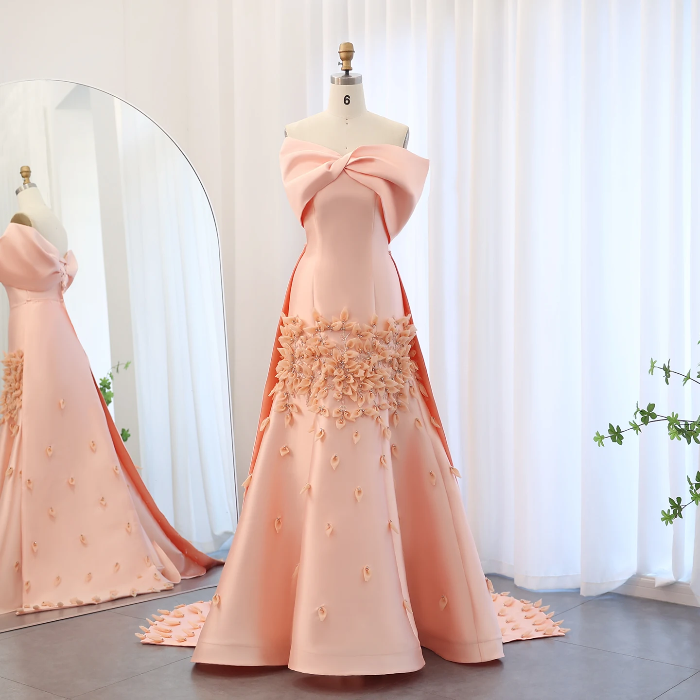 

Sharon Said Luxury 3D Flowers Blush Pink Satin Mermaid Evening Dress Off Shoulder Wedding Prom Party Gowns SS464 Customized