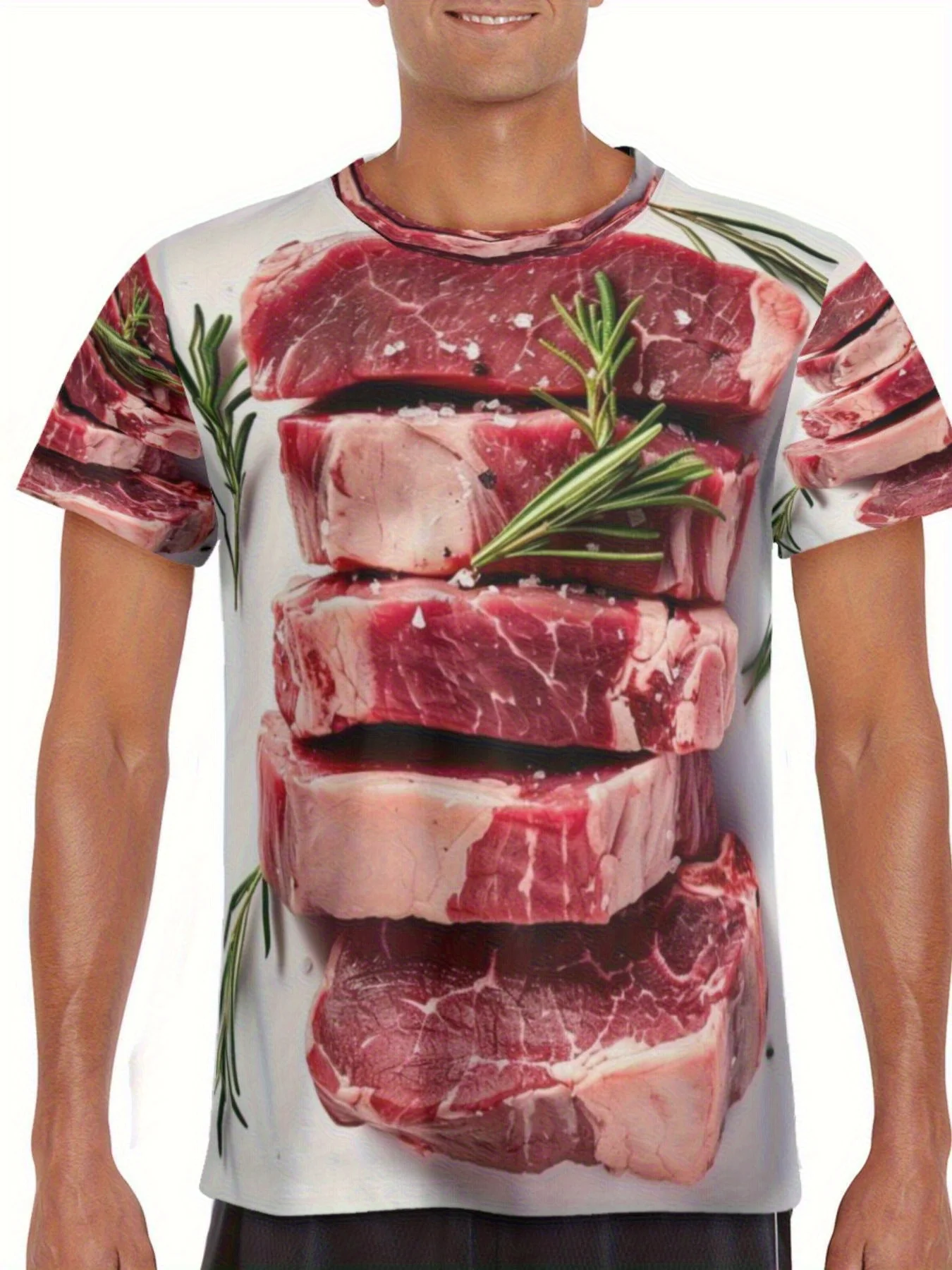 Men's Crew Neck Tee 3D Raw Steak Rosemary Meat Print Novelty Casual Tops