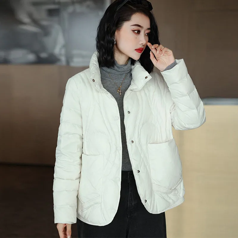 2023 Autumn Winter Women Stand Collar Down Coat Warm Light Thin White Duck Down Jacket Parkas Ladies Short Slim Puffer Outwears