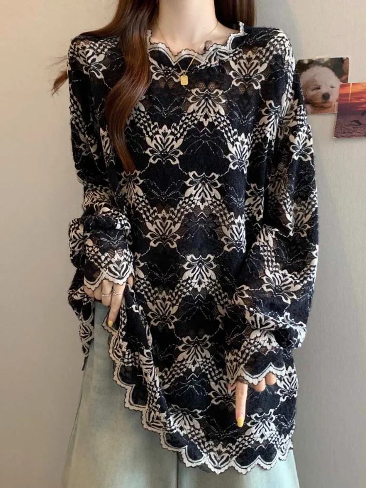 

Faionable Loose Lace Hook Flower Long Sve Base irt Women's plus Size Spring Medium Length Butt Covering Top