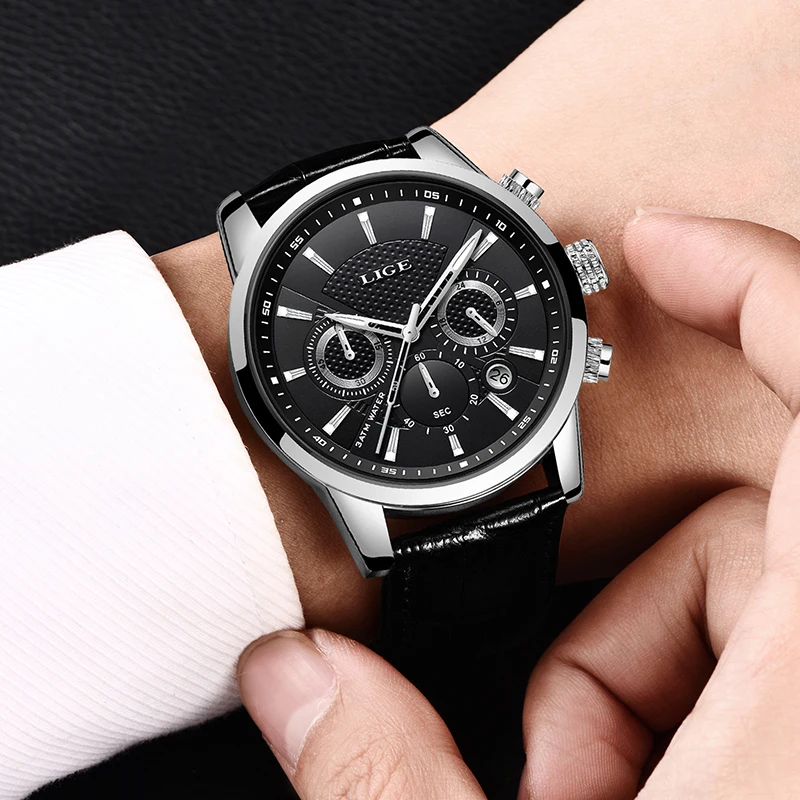 LIGE Brand Luxury Waterproof Watch For Men Fashion Business Men Watch Leather Military Sports Chronograph Quartz Wristwatches