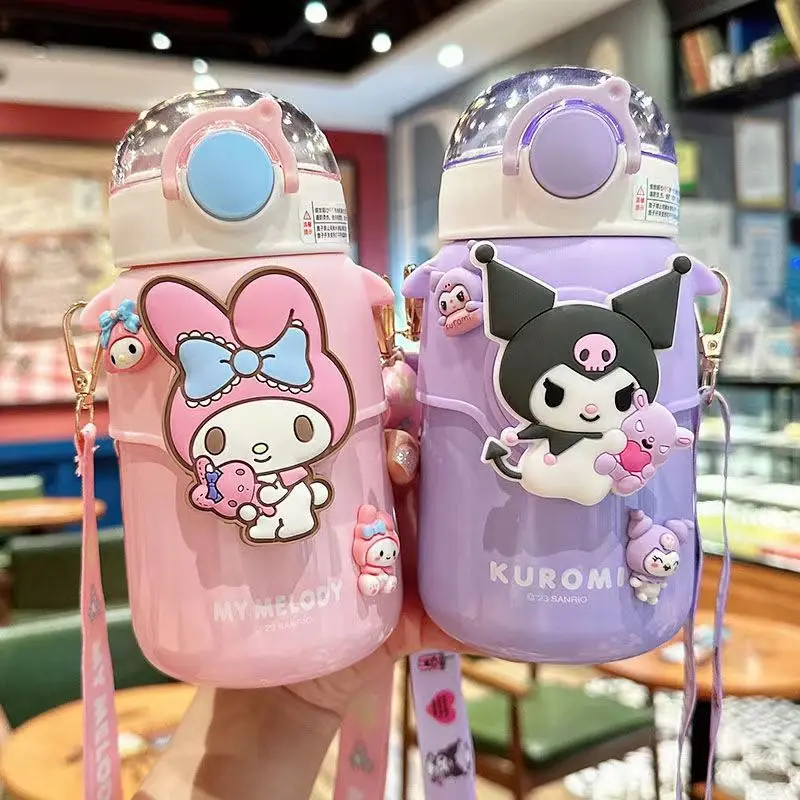 MINISO Sanrio Children's Thermos Cup 570ML My Melody Cute Crossbody Capacity for Insulated Mug Kuromi Kawaii Portable Straw Cup