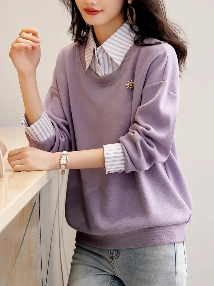 Fake Two Piece Shirts Sweatshirts Long Sleeve Korean Fashion Women Pullovers 2025 New Spring Autumn Loose Casual Jumper Female