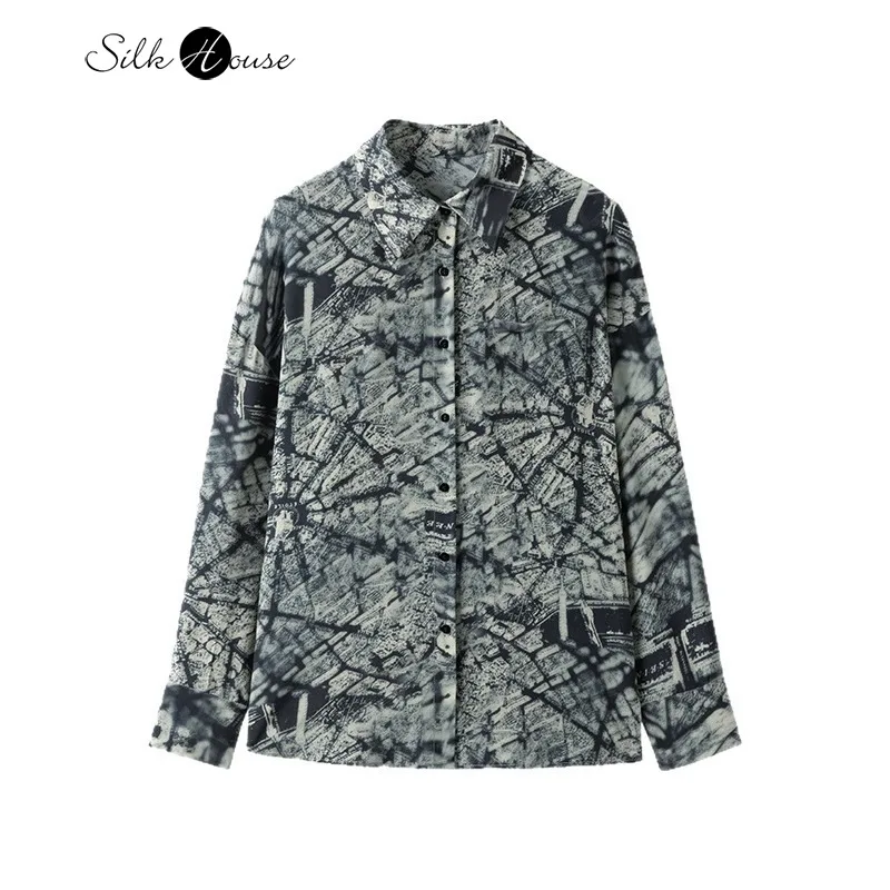 

2025 Women's Summer New 100% Natural Mulberry Silk Double Crepe Ink Printed Retro Turn-down Collar Loose Shirt