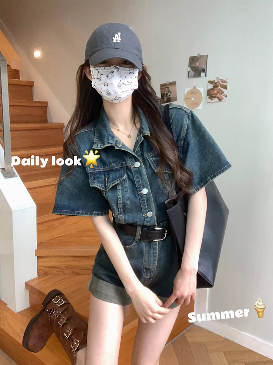 Retro Hong Kong Style Women's Denim Overalls Shorts Thin Loose Fit Summer Fashion plus Size Slimming Pants High Waist Straigh...
