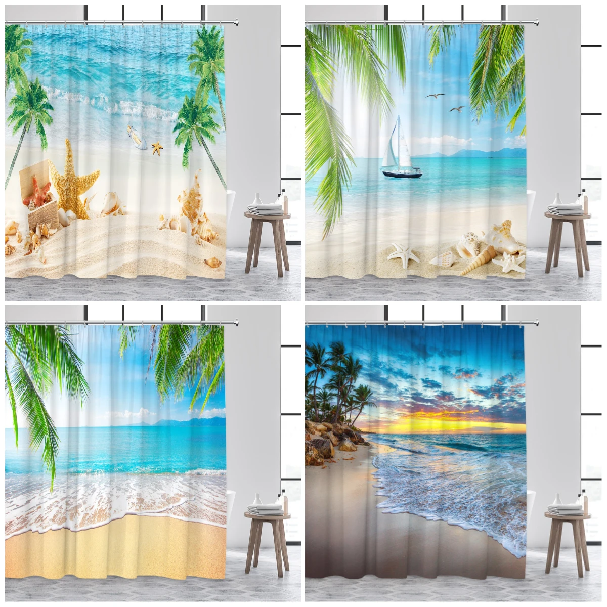 

Beach Shower Curtain Blue Ocean Starfish Conch Shell Sunset Island Landscape Bathroom Curtains Decor Polyester Fabric with Hooks